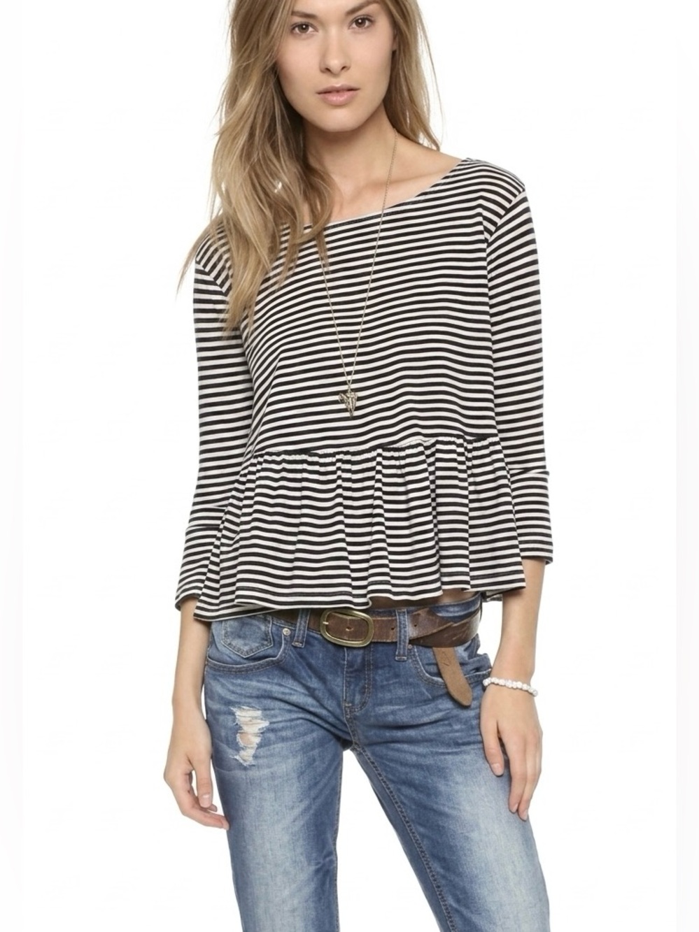 We the Free by Free People Green & cream Striped Peplum Crop Top, Large